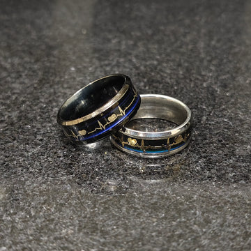 Stylish 2 heart beat rings for men in pakistan featuring black and silver tones with heartbeat design