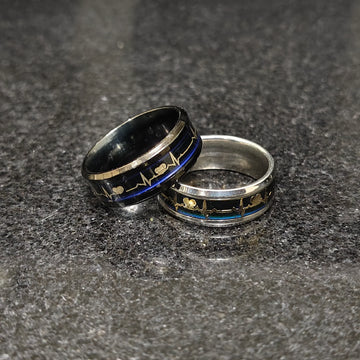 Stylish 2 heart beat rings for men in pakistan featuring black and silver tones with heartbeat design