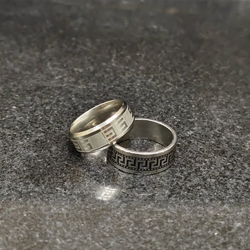 Lamha best black & white rings for men with intricate geometric patterns on silver bands