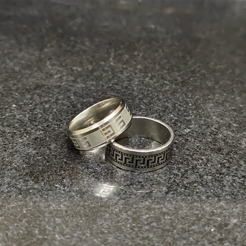 Lamha best black & white rings for men with intricate geometric patterns on silver bands
