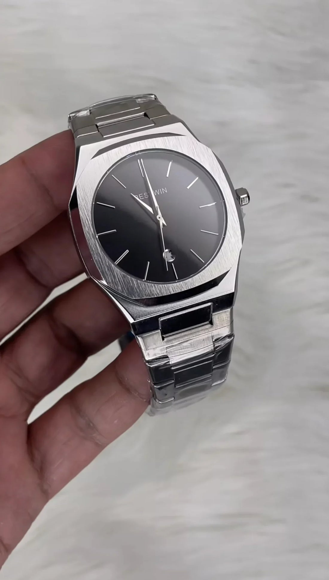 Bestwin Date Just Watch in Silver Black with stainless steel band and sleek black dial