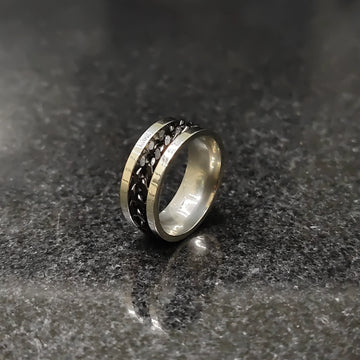 Black Curb Chain ring for men in Pakistan by Lamha featuring a silver band with black chain detail
