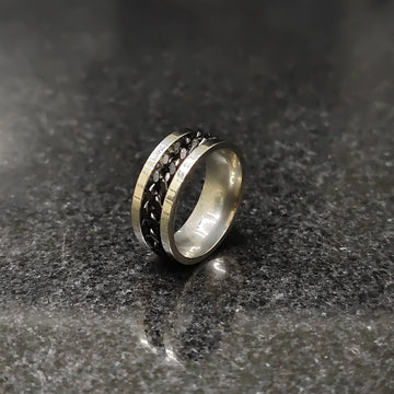 Black Curb Chain ring for men in Pakistan by Lamha featuring a silver band with black chain detail