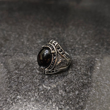 Lamha European Ring For Men with black stone and intricate silver detailing on band