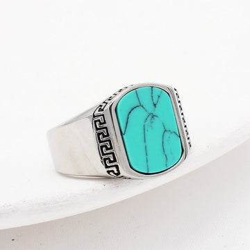 Feroza Silver Versace Medusa Ring For Men with turquoise stone and detailed silver band design