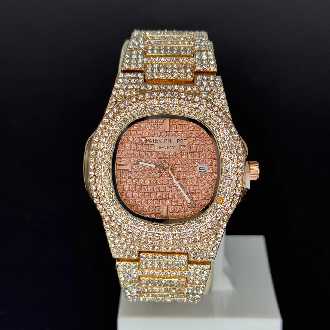 Lamha Patek Philippe Ice Dout rose gold Watch fully encrusted with diamonds on dial and bracelet