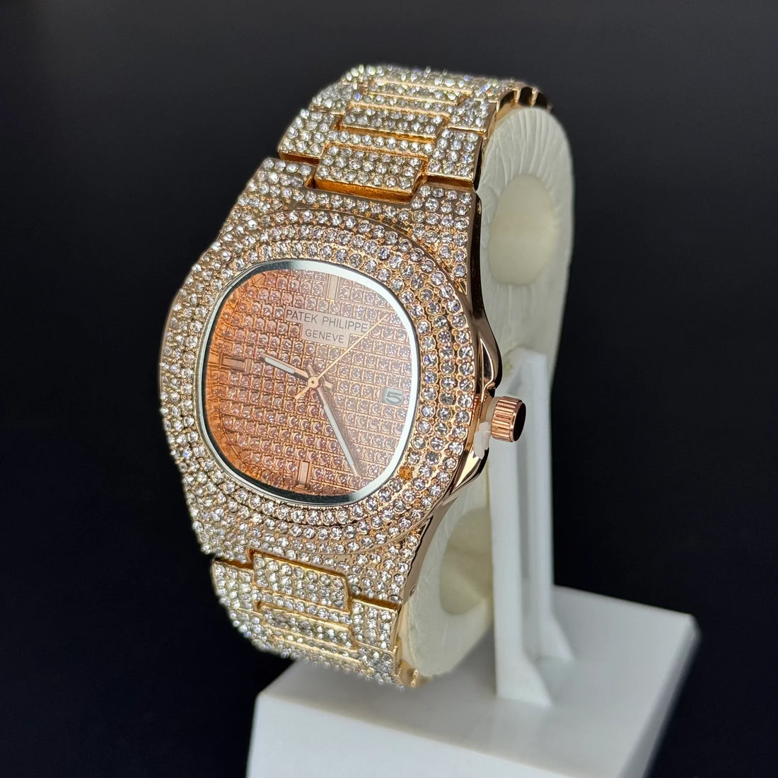 Lamha Patek Philippe Ice Dout rose gold Watch fully encrusted with diamonds on dial and bracelet