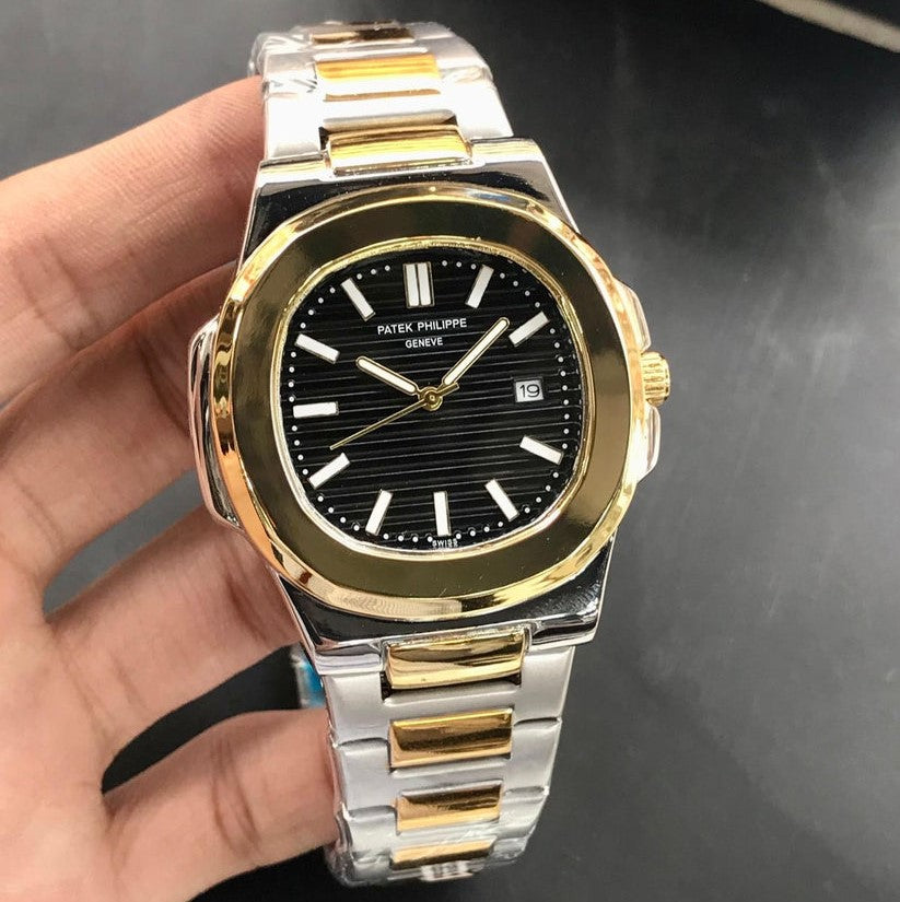 Patek Philippe Two Tone Golden Black Watch with silver and gold metal band held in hand