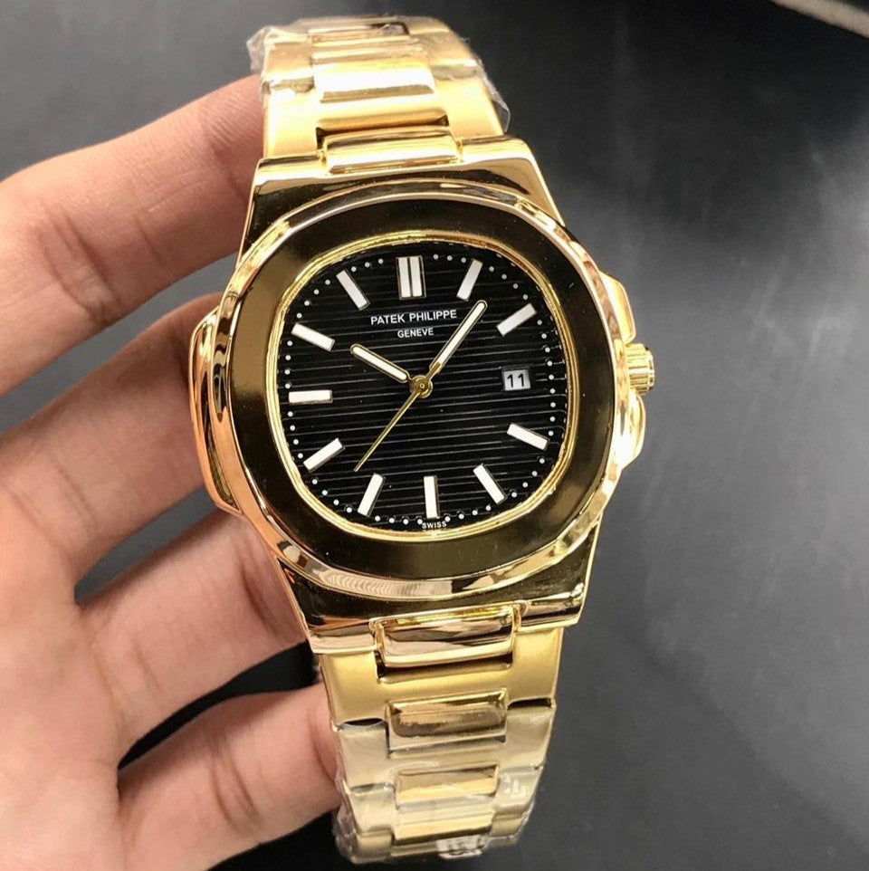 Lamha patek philippe watch in golden black with gold bracelet and black dial with date display