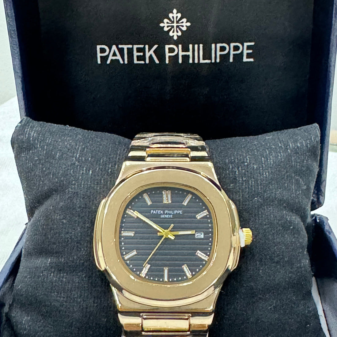 Lamha patek philippe watch in golden black with gold bracelet and black dial with date display