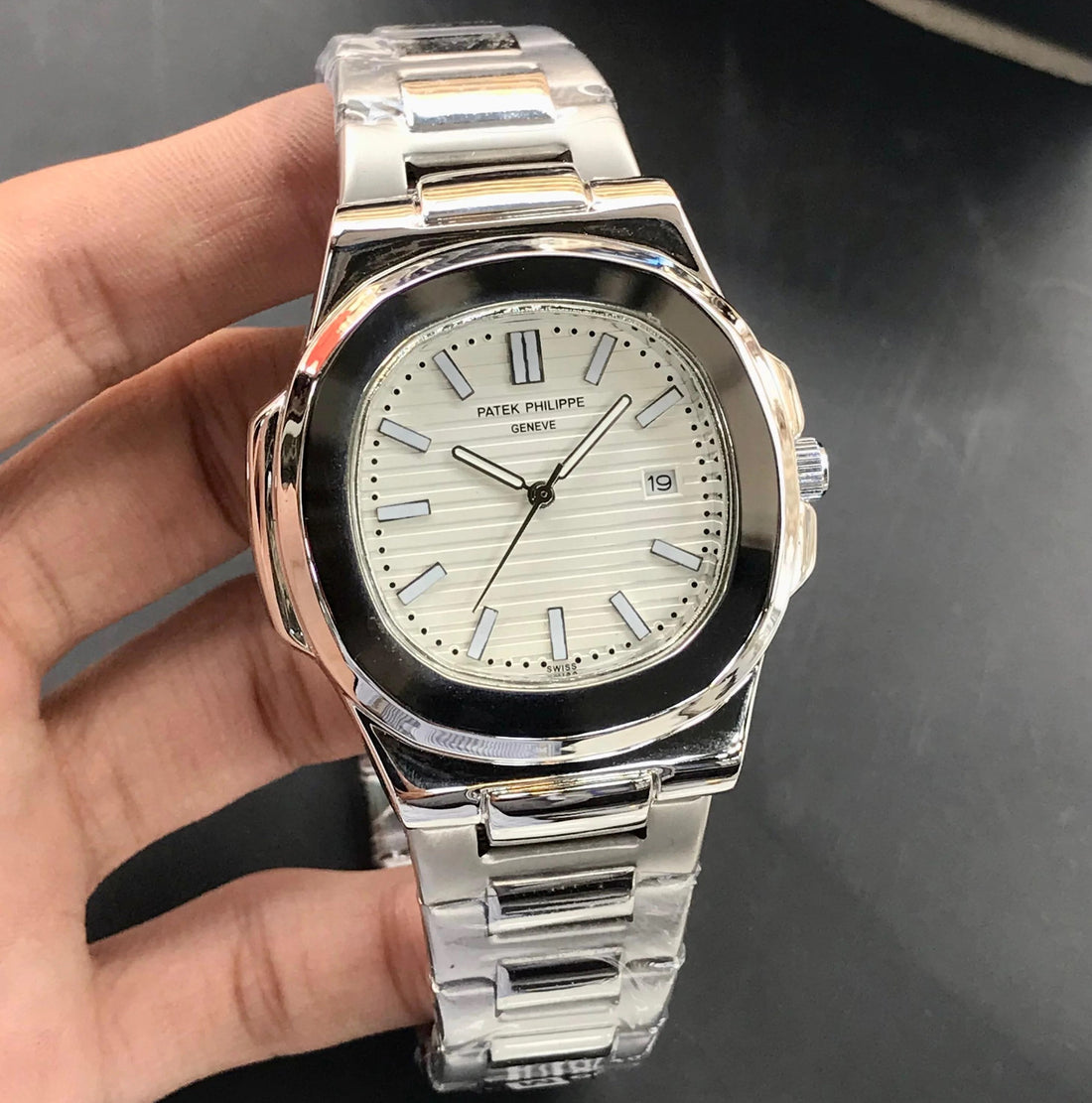 Lamha patek philippe watch in silver white with stainless steel band and date display