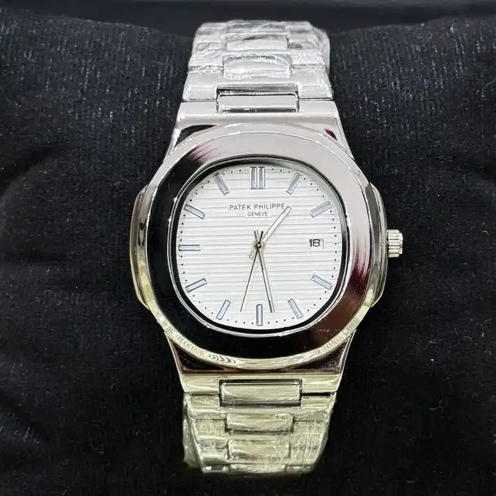 Lamha patek philippe watch in silver white with stainless steel band and date display