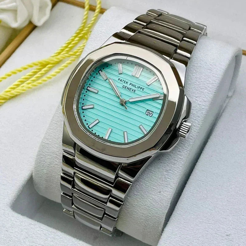 Patek Phillipe Silver Tiffany wristwatch with turquoise dial and stainless steel bracelet by Lamha