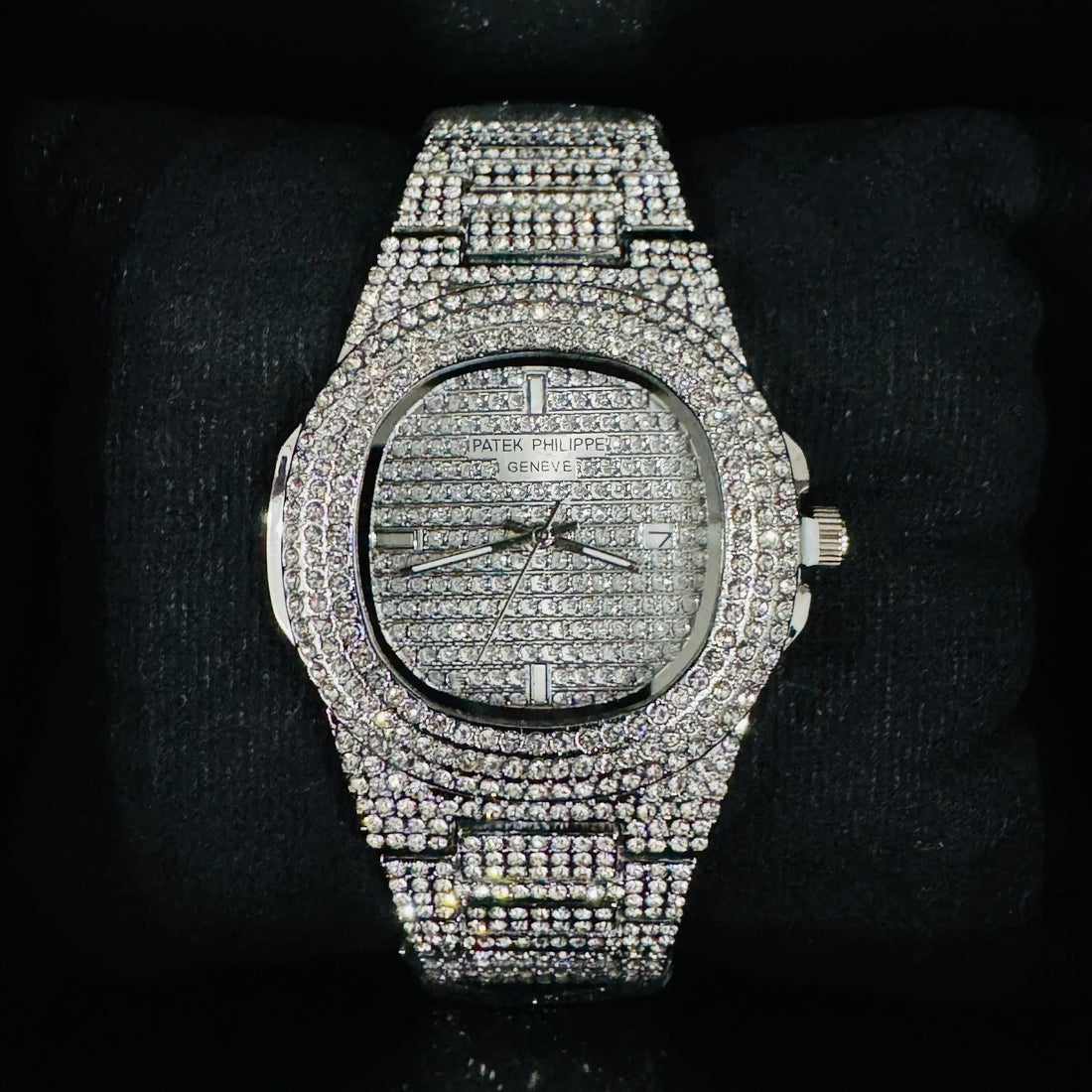 Patek Philppe Icedout luxury watch fully encrusted with diamonds on silver band and face