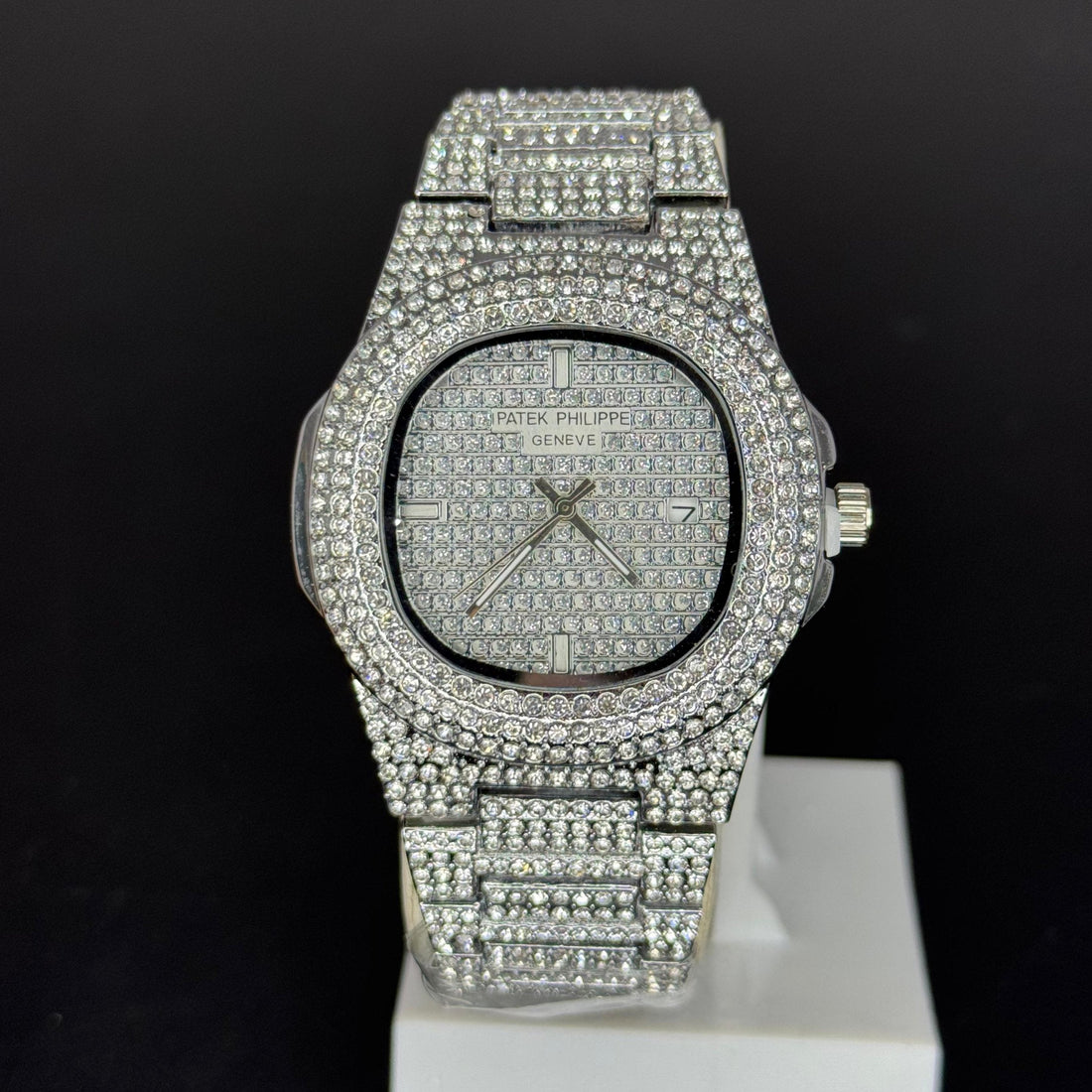Patek Philppe Icedout luxury watch fully encrusted with diamonds on silver band and face