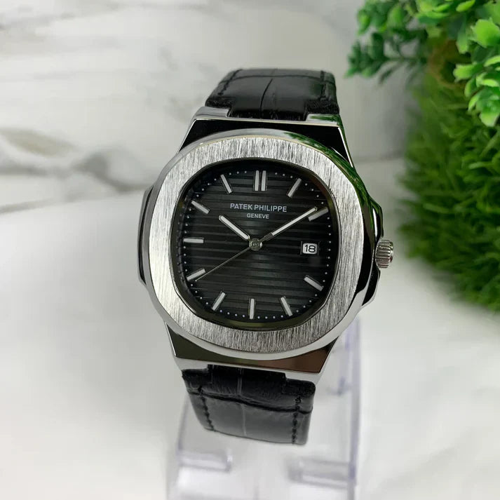 Lamha Petek philippe Silver black strap watch with a sleek silver case and black dial