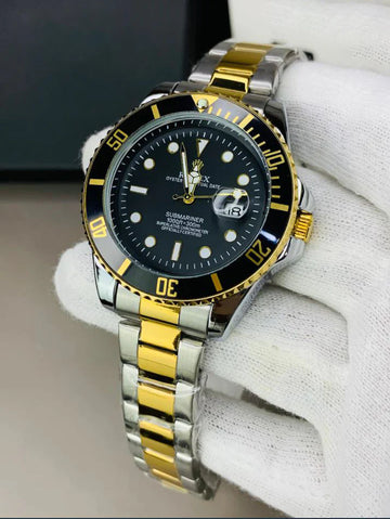 Rolex Submariner Date Watch Two Tone Black with gold and silver metal bracelet held by white glove