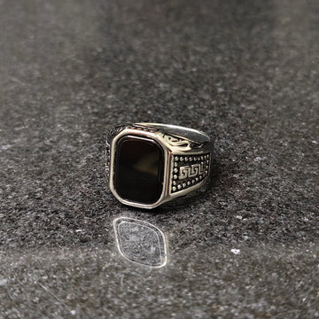 Lamha silver medusa ring for men with black rectangular stone and detailed side engravings