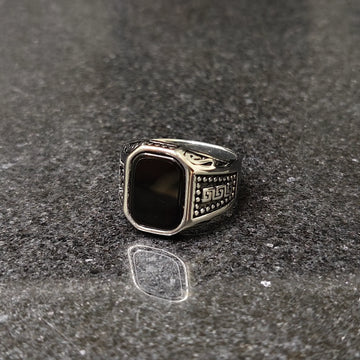 Lamha silver medusa ring for men with black rectangular stone and detailed side engravings