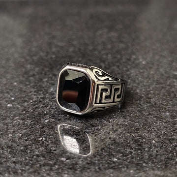 Silver onyx emperor ring for men with black rectangular stone and intricate side engravings