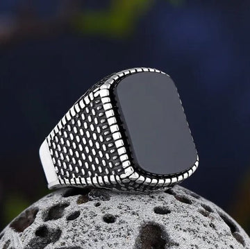 Silver retro ring for men with a square black stone and textured band by Lamha