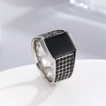 Silver Square Turkish Ring for men with black square stone and textured band by Lamha