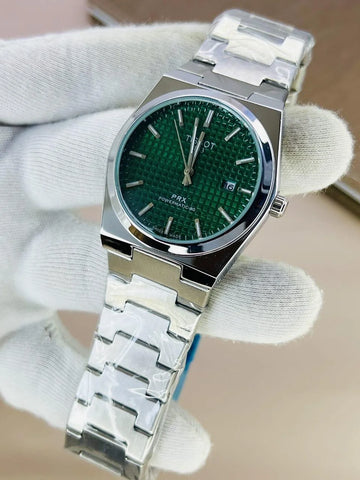 Tissot PRX Chain Watch in Silver Green featuring a textured green dial and stainless steel bracelet