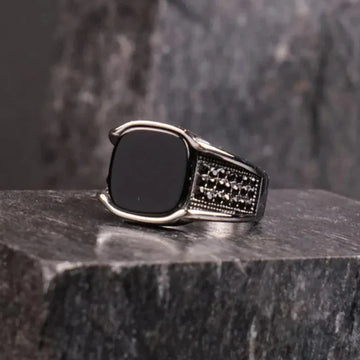 Turkish Ring for Men in pakistan with black stone and detailed silver band by Lamha