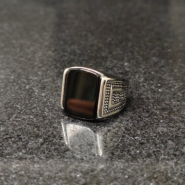 Silver Egyptian ring for men with black stone and intricate beaded side detailing