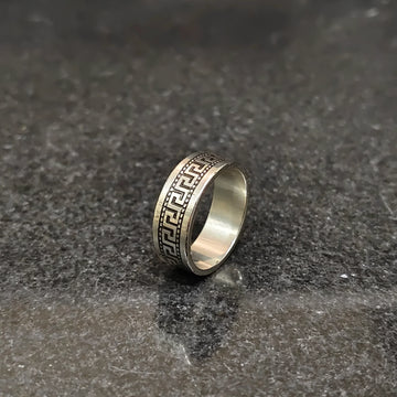 Versace Pettern Black ring for men with intricate Greek key design on silver band