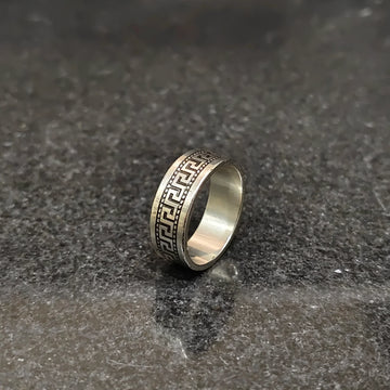 Versace Pettern Black ring for men with intricate Greek key design on silver band