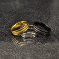 Set of 3 ferrum rings in pakistan by Lamha in gold, silver, and black finish on a dark surface