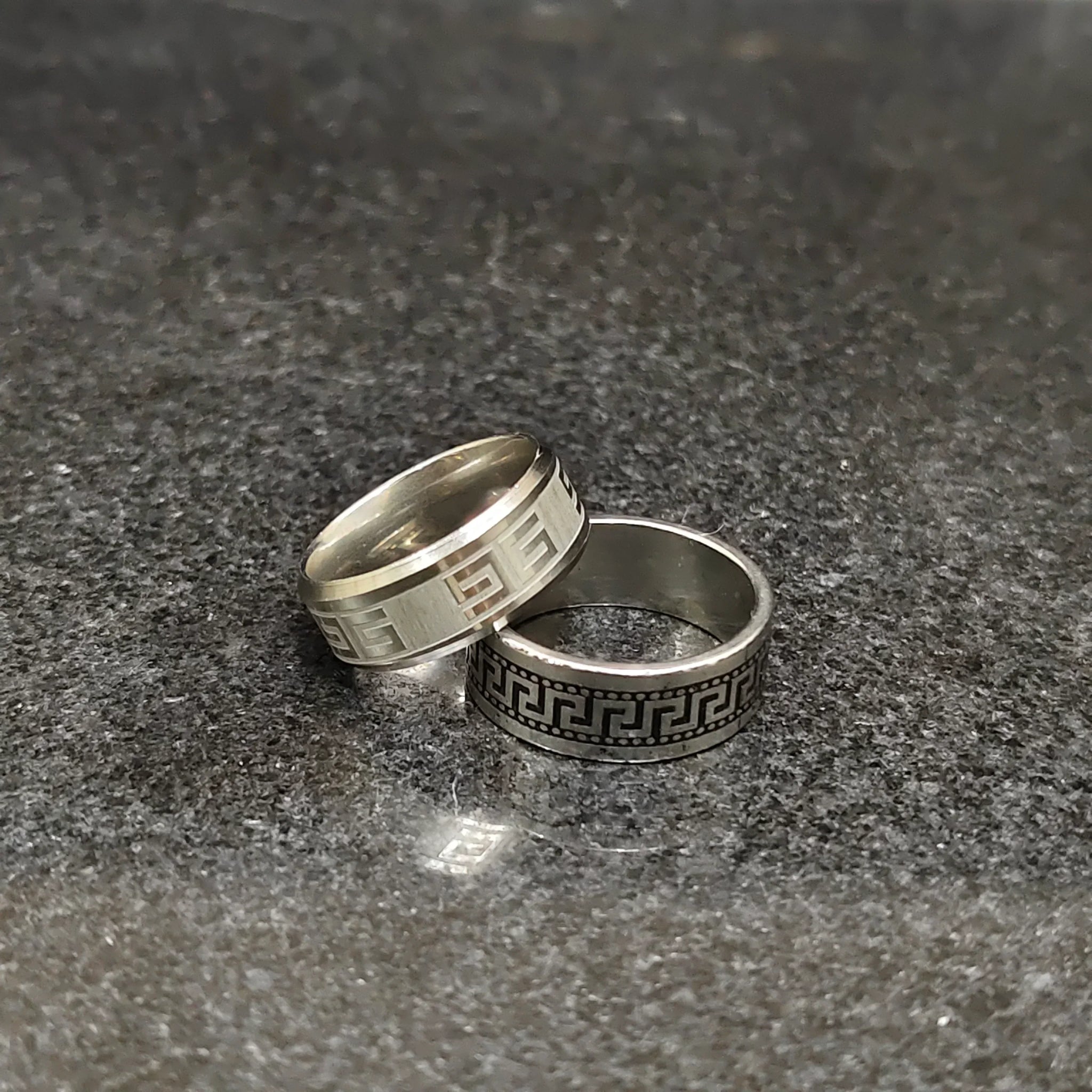 Lamha best black & white rings for men with intricate geometric patterns on silver bands