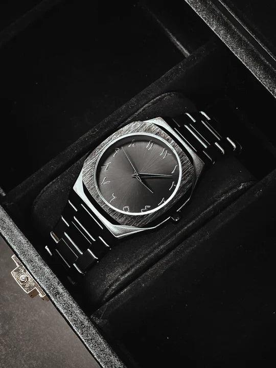 Black Arabic Aura Watch Stainless Steel with sleek black dial and unique Arabic numerals in a black display box