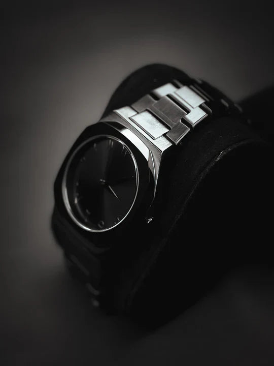 Lamha Black Arabic Aura Watch Stainless Steel with sleek black dial and silver metal band