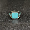 Blue feroza ring for men with a square turquoise stone and detailed silver band by Lamha