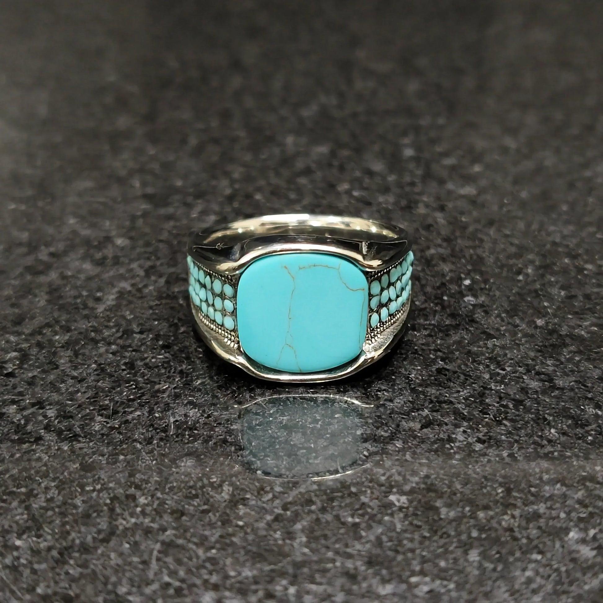 Blue feroza ring for men with a square turquoise stone and detailed silver band by Lamha