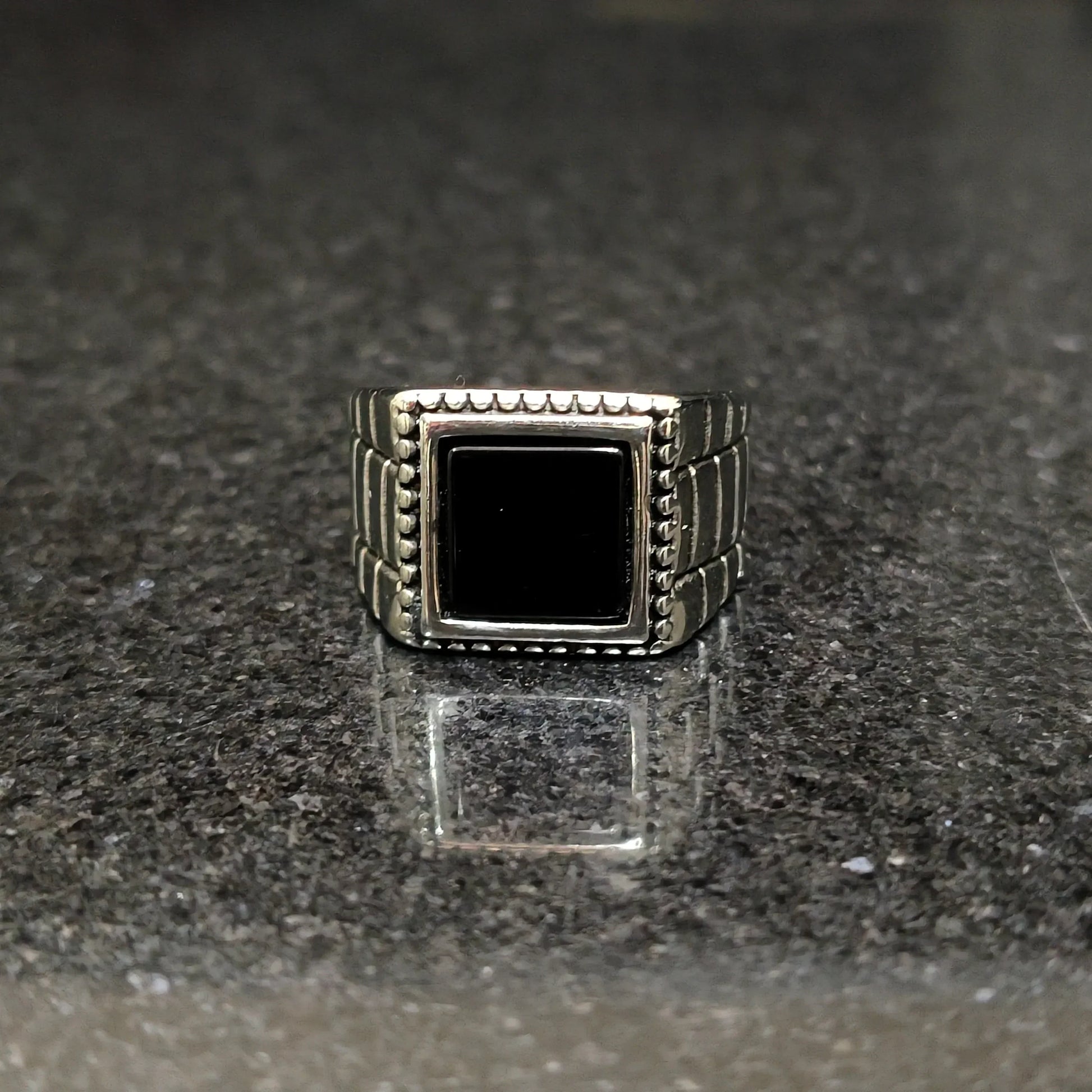 Lamha silver Check Box Ring For Men in pakistan with black square stone and detailed band design
