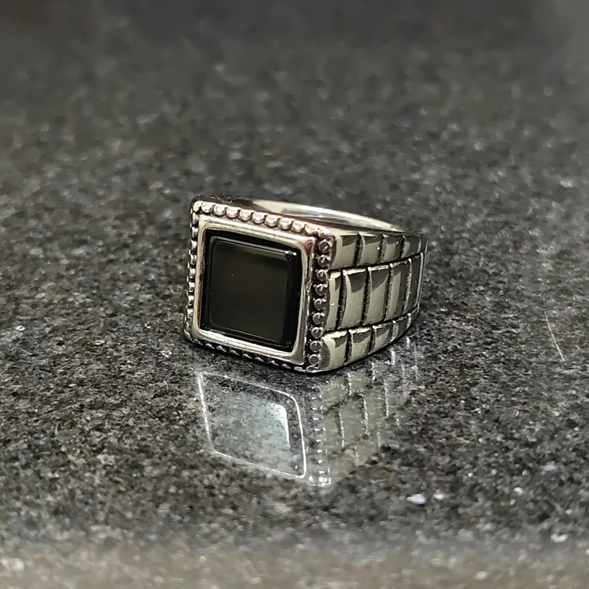 Lamha Check Box Ring For Men in pakistan with black square stone and detailed metal band design