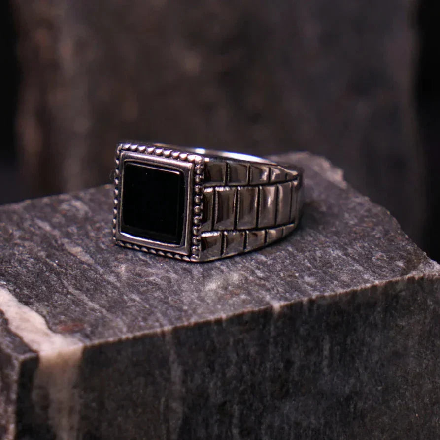Silver Check Box Ring For Men in pakistan with black square stone and detailed band design
