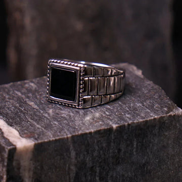Silver Check Box Ring For Men in pakistan with black square stone and detailed band design