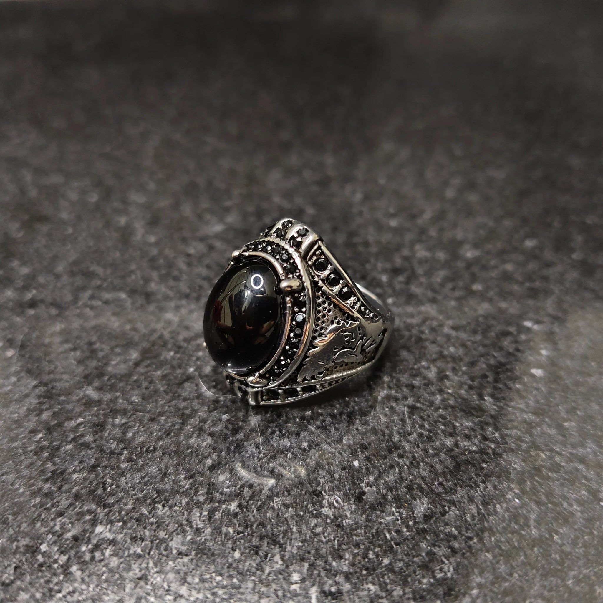 Lamha European Ring For Men with black stone and intricate silver detailing on band
