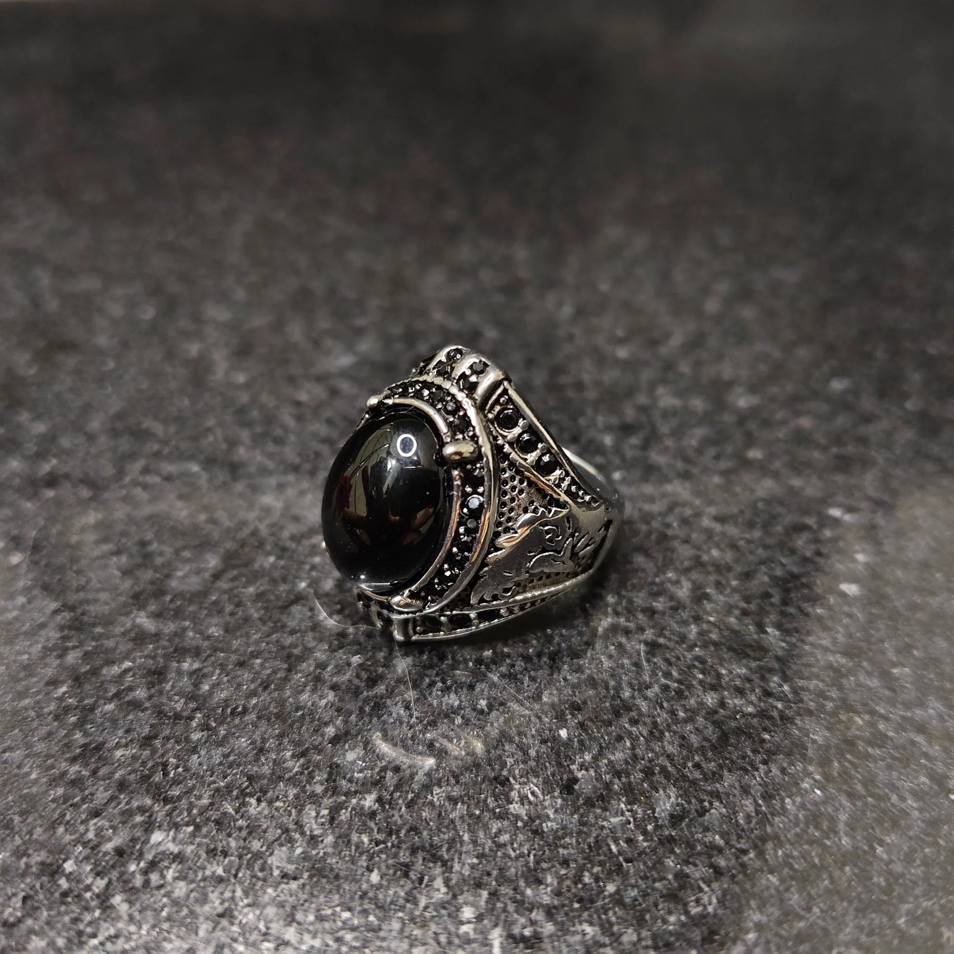 Lamha European Ring For Men with black stone and intricate silver detailing on band
