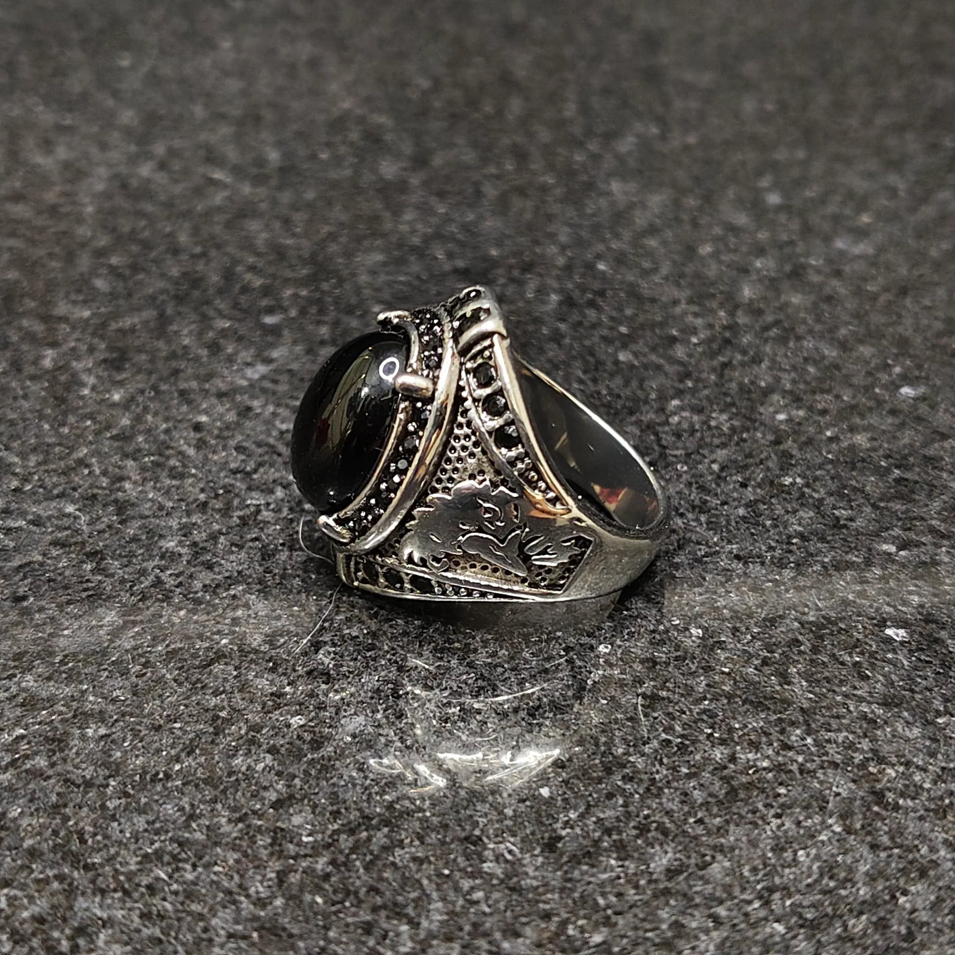Elegant European Ring For Men with black stone and intricate silver detailing by Lamha