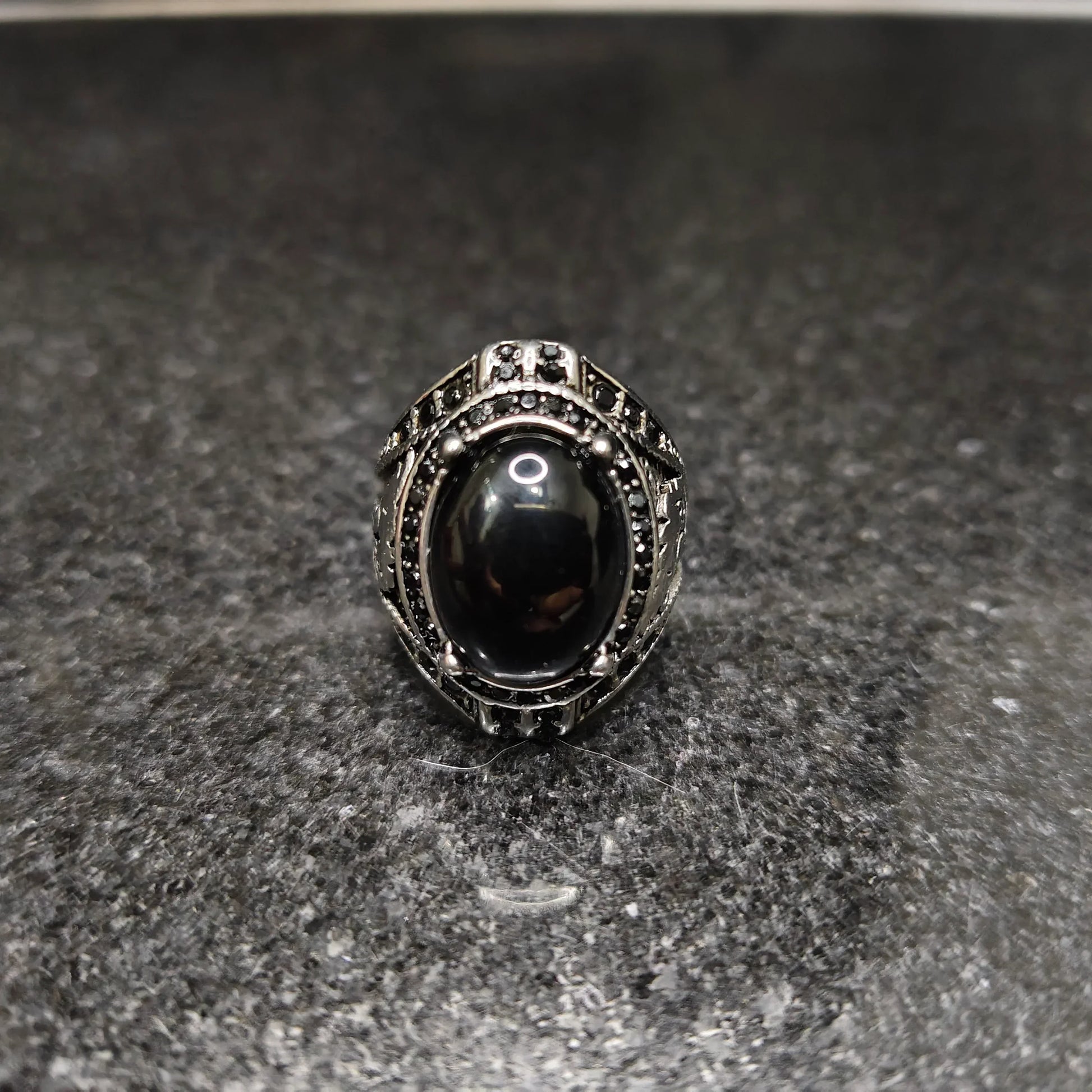 Lamha European Ring For Men with black oval stone and intricate silver detailing