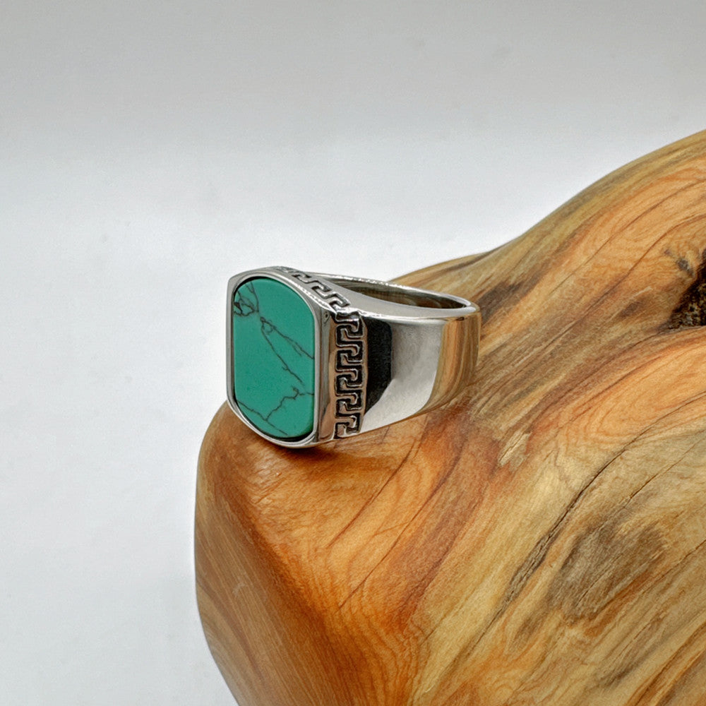 Feroza Silver Versace Medusa Ring For Men featuring a green stone and detailed silver design