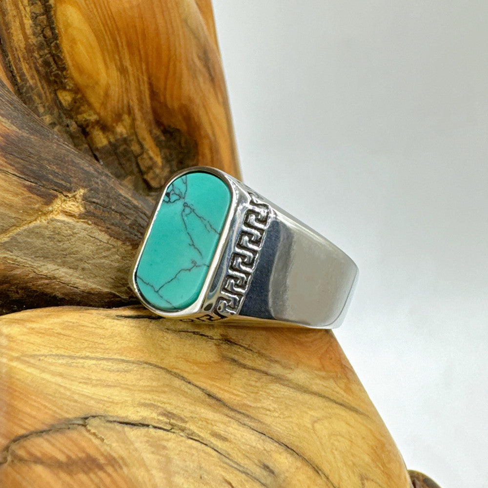 Feroza Silver Versace Medusa Ring For Men featuring turquoise stone and silver band with detailed design