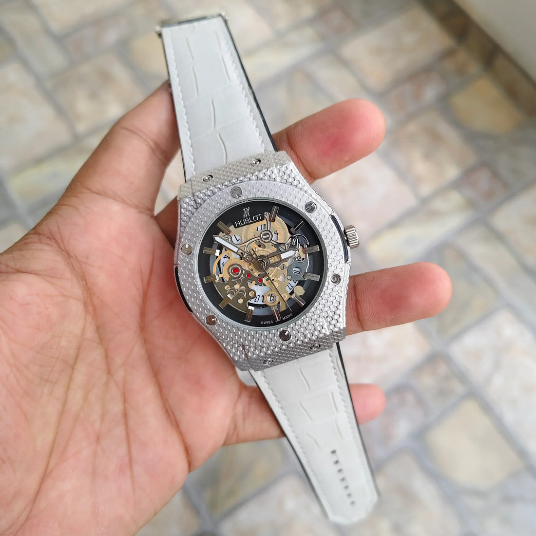 Lamha Hub Strap Watch for men in pakistan with white leather strap and silver mechanical dial