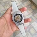 Lamha Hub Strap Watch for men in pakistan with white leather strap and silver mechanical dial