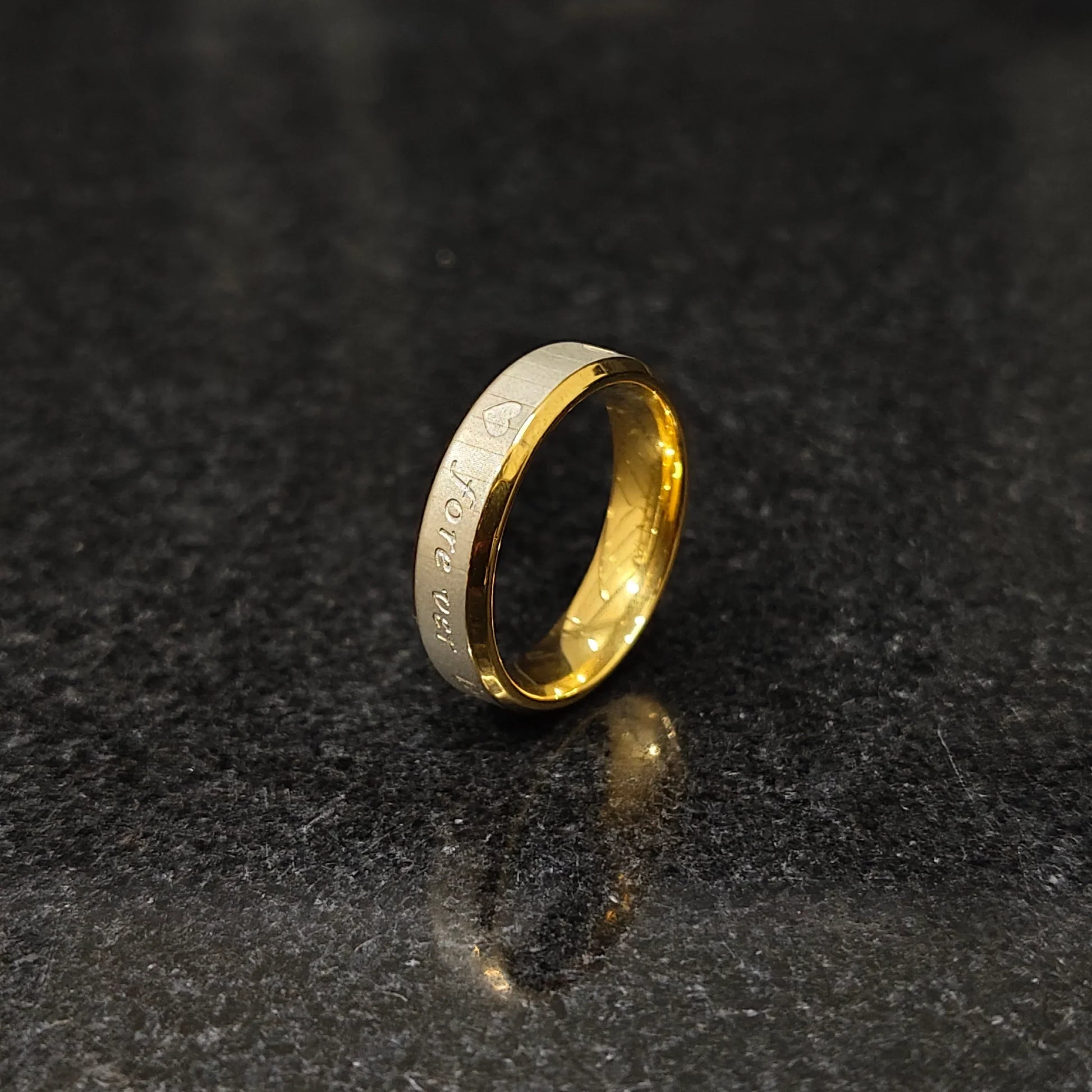 Lamha love ring for men in golden forever color with engraved message on silver and gold band